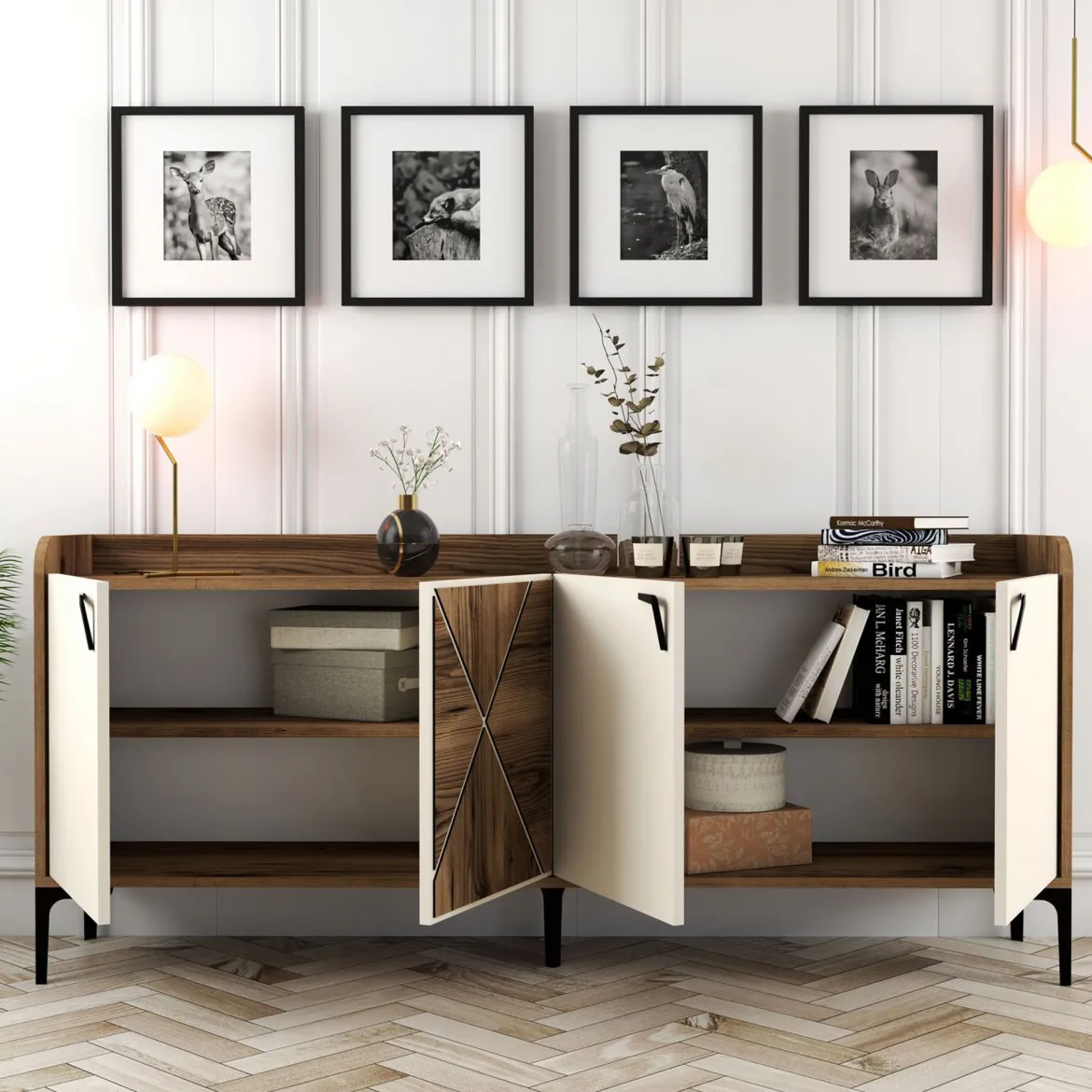 Credenza Bianco Crema Marrone Noce 2 Ripiani 4 Vani 180x35x78h cm, 4 Ante - Elini