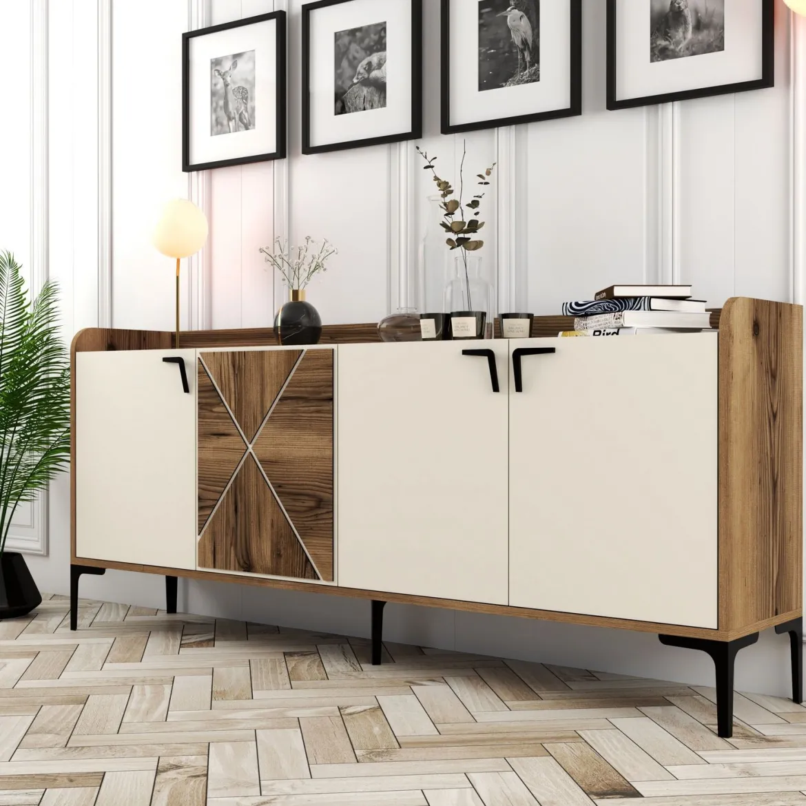 Credenza Bianco Crema Marrone Noce 2 Ripiani 4 Vani 180x35x78h cm, 4 Ante - Elini