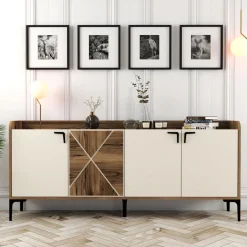 Credenza Bianco Crema Marrone Noce 2 Ripiani 4 Vani 180x35x78h cm, 4 Ante - Elini