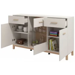 Credenza Bianco Crema Marrone Rovere 2 Cassetti 3 Ripiani 154x41.5x89h cm, Apertura Battente e Scorrevole - Nereto