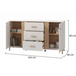 Credenza Bianco Crema Marrone Rovere 3 Ripiani 2 Cassetti 156x40x86h cm, 4 Ante - Quarna