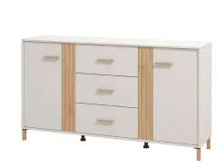 Credenza Bianco Crema Marrone Rovere 3 Ripiani 2 Cassetti 156x40x86h cm, 4 Ante - Quarna