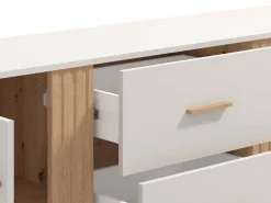 Credenza Bianco Crema Marrone Rovere 3 Ripiani 2 Cassetti 156x40x86h cm, 4 Ante - Quarna