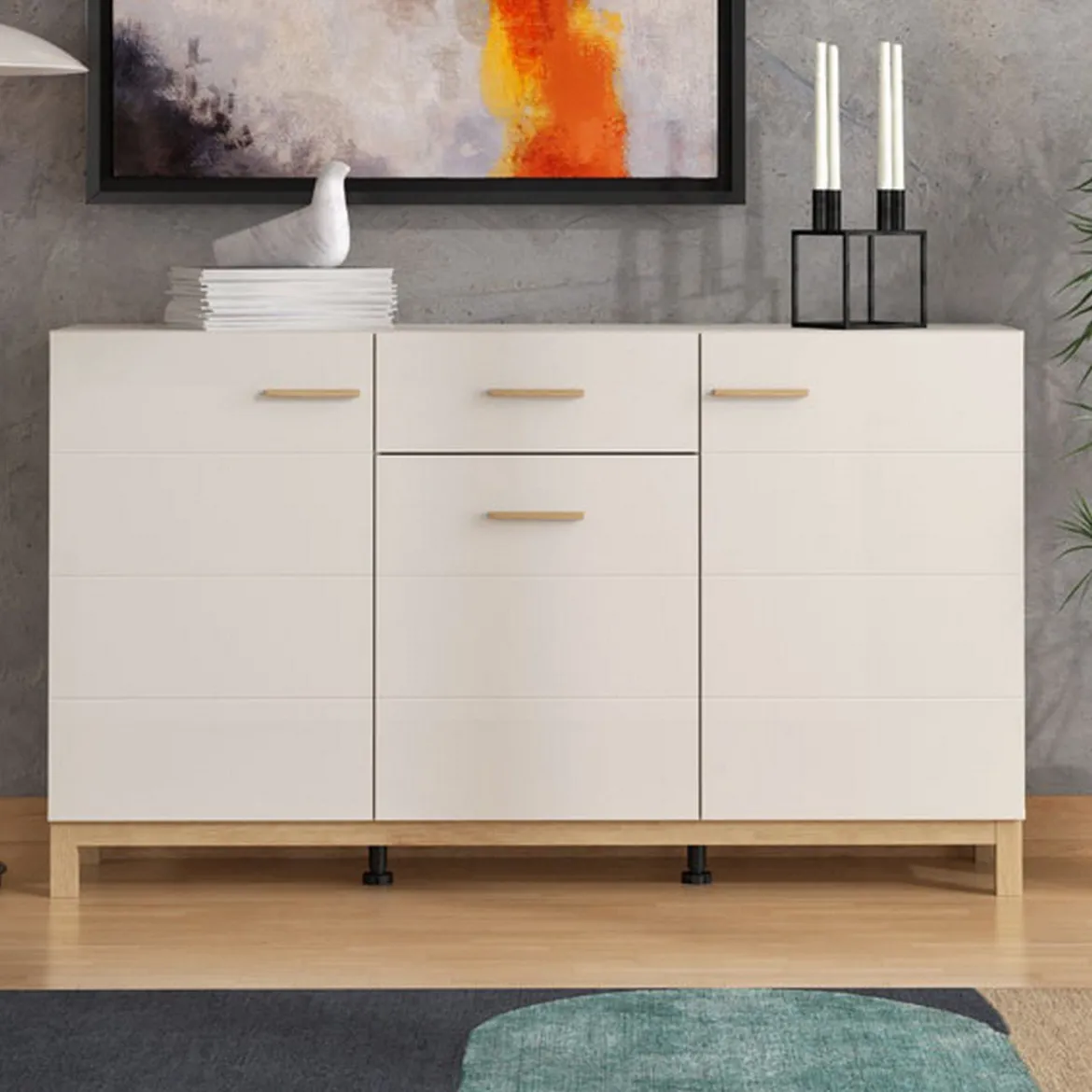 Credenza Bianco Crema Marrone Rovere 3 Ripiani un Cassetto 179.5x40x90.5h cm, 4 Ante - Illorai