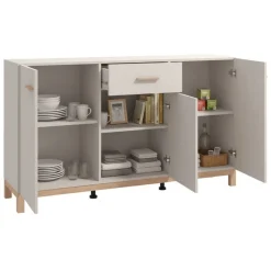 Credenza Bianco Crema Marrone Rovere 3 Ripiani un Cassetto 154x41.5x89h cm, 3 Ante - Pianico