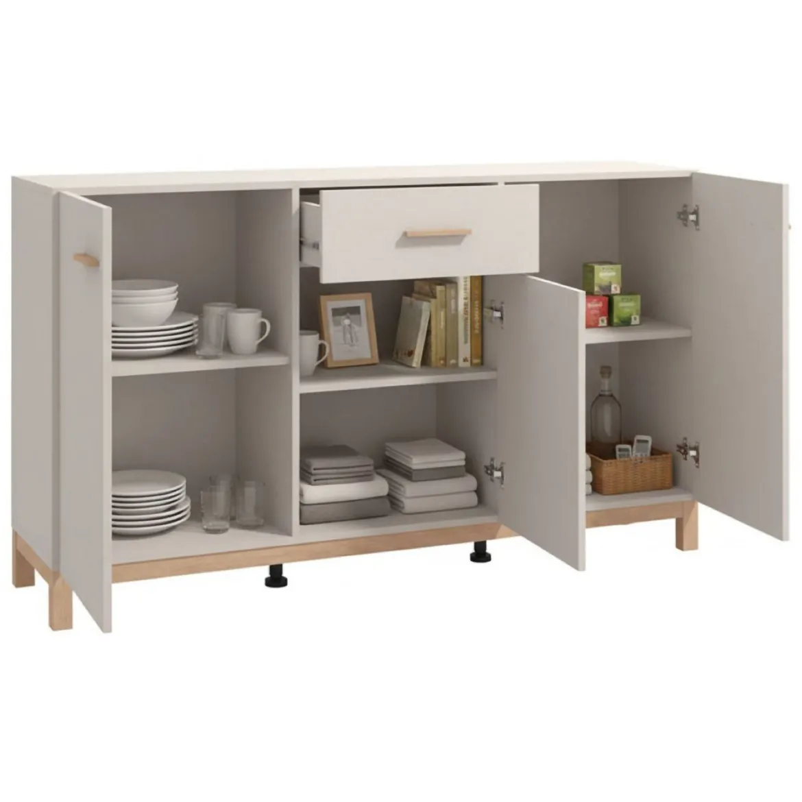 Credenza Bianco Crema Marrone Rovere 3 Ripiani un Cassetto 179.5x40x90.5h cm, 4 Ante - Illorai