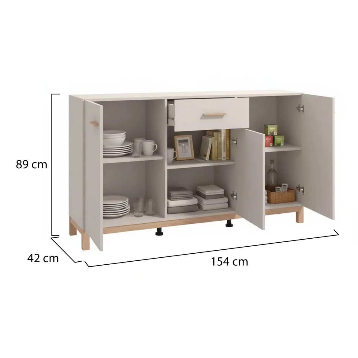Credenza Bianco Crema Marrone Rovere 3 Ripiani un Cassetto 179.5x40x90.5h cm, 4 Ante - Illorai