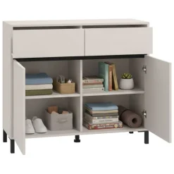 Credenza Bianco Crema Nero 2 Cassetti 2 Ripiani 106x40x90h cm, Apertura Battente, Scorrevole - Giarree