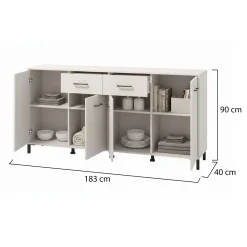 Credenza Bianco Crema Nero 2 Cassetti 4 Ripiani 183x40x90h cm, Apertura Battente, Scorrevole - Grondona