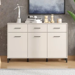Credenza Bianco Crema Nero 3 Cassetti 3 Ripiani 138x40x90h cm, Apertura Battente e Scorrevole - Laerru