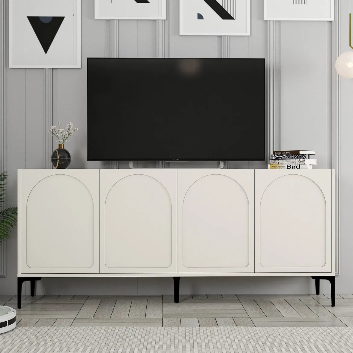 Credenza Bianco Crema Nero 2 Ripiani 4 Vani 180x35x79h cm, 4 Ante - Torno