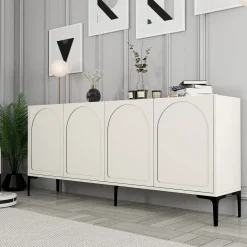 Credenza Bianco Crema Nero 2 Ripiani 4 Vani 180x35x79h cm, 4 Ante - Torno