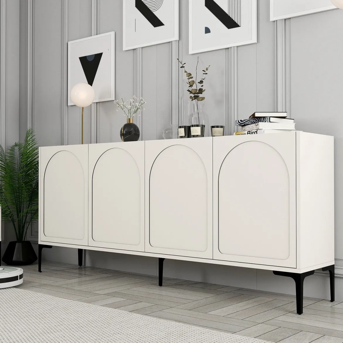 Credenza Bianco Crema Nero 2 Ripiani 4 Vani 180x35x79h cm, 4 Ante - Torno