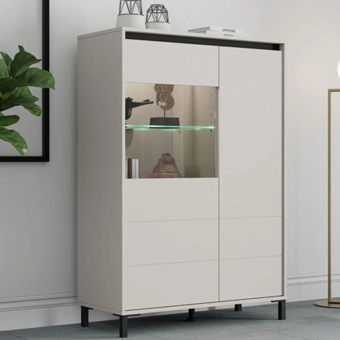 Credenza Bianco Crema Nero 4 Ripiani 6 Vani 93x40x135h cm, 2 Ante - Vignate