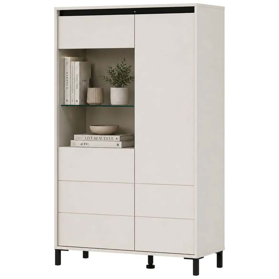 Credenza Bianco Crema Nero 4 Ripiani 6 Vani 93x40x135h cm, 2 Ante - Vignate