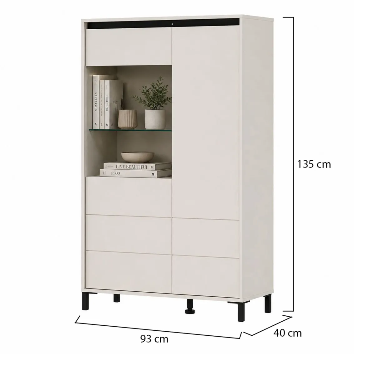 Credenza Bianco Crema Nero 4 Ripiani 6 Vani 93x40x135h cm, 2 Ante - Vignate