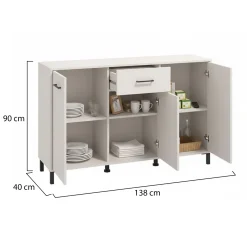 Credenza Bianco Crema Nero un Cassetto 3 Ripiani 147.5x41.5x91.5h cm, Apertura Battente e Scorrevole - Perca