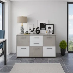 Credenza Bianco Grigio Cemento 2 Cassetti Ripiani 114x33x78h cm, Apertura - Pineto