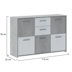 Credenza Bianco Grigio Cemento 2 Cassetti Ripiani 114x33x78h cm, Apertura - Pineto