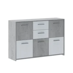 Credenza Bianco Grigio Cemento 2 Cassetti Ripiani 114x33x78h cm, Apertura - Pineto