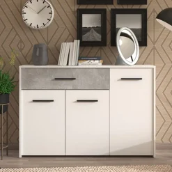 Credenza Bianco Grigio Cemento un Cassetto 2 Ripiani 130x41x82h cm, Apertura Battente, a Ribalta - Carbonia