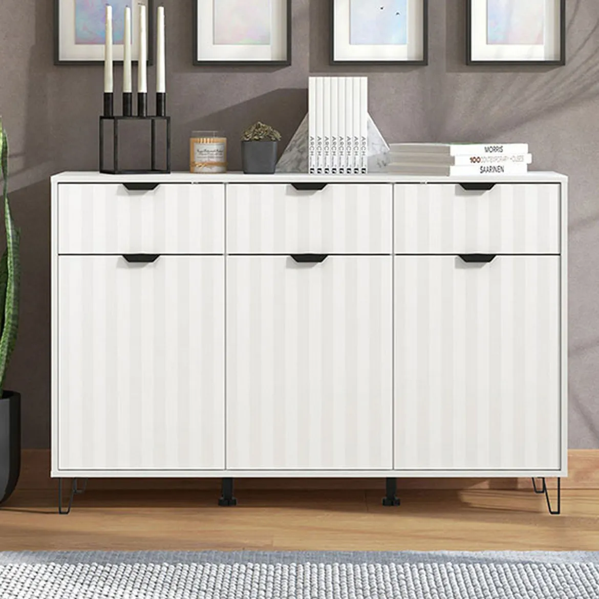 Credenza Bianco Grigio Chiaro 3 Ripiani 4 Cassetti 182.5x40x90.5h cm, 3 Ante - Paglieta