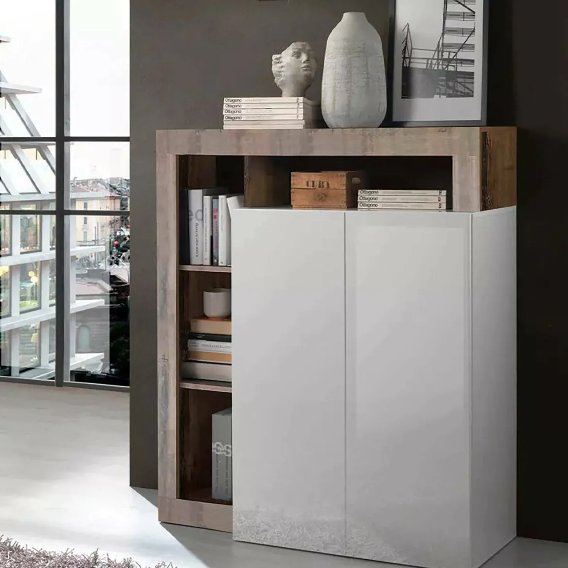 Credenza bianco lucida e acacia 108x42x127h cm 2 ante - Smeraldo