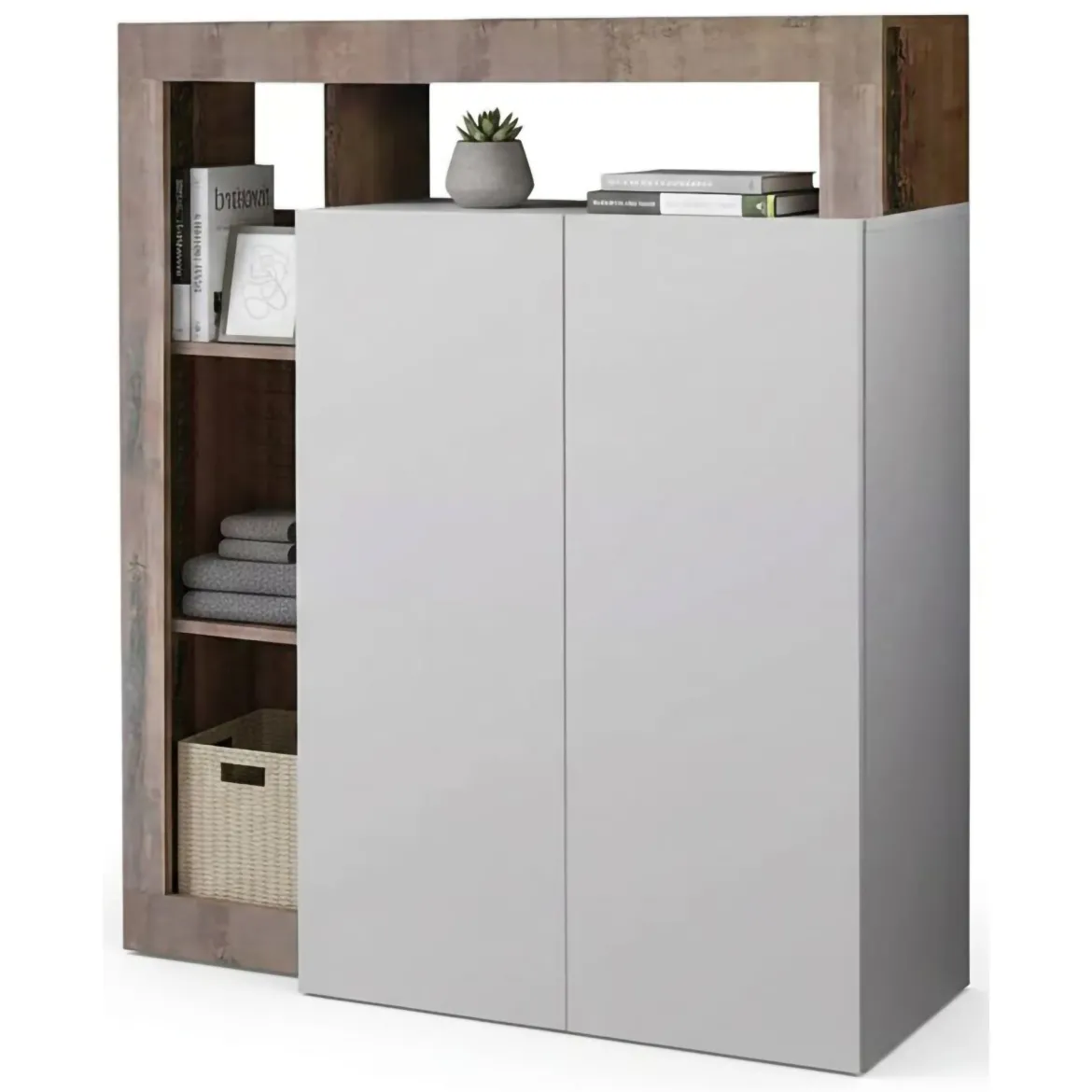 Credenza bianco lucida e acacia 108x42x127h cm 2 ante - Smeraldo