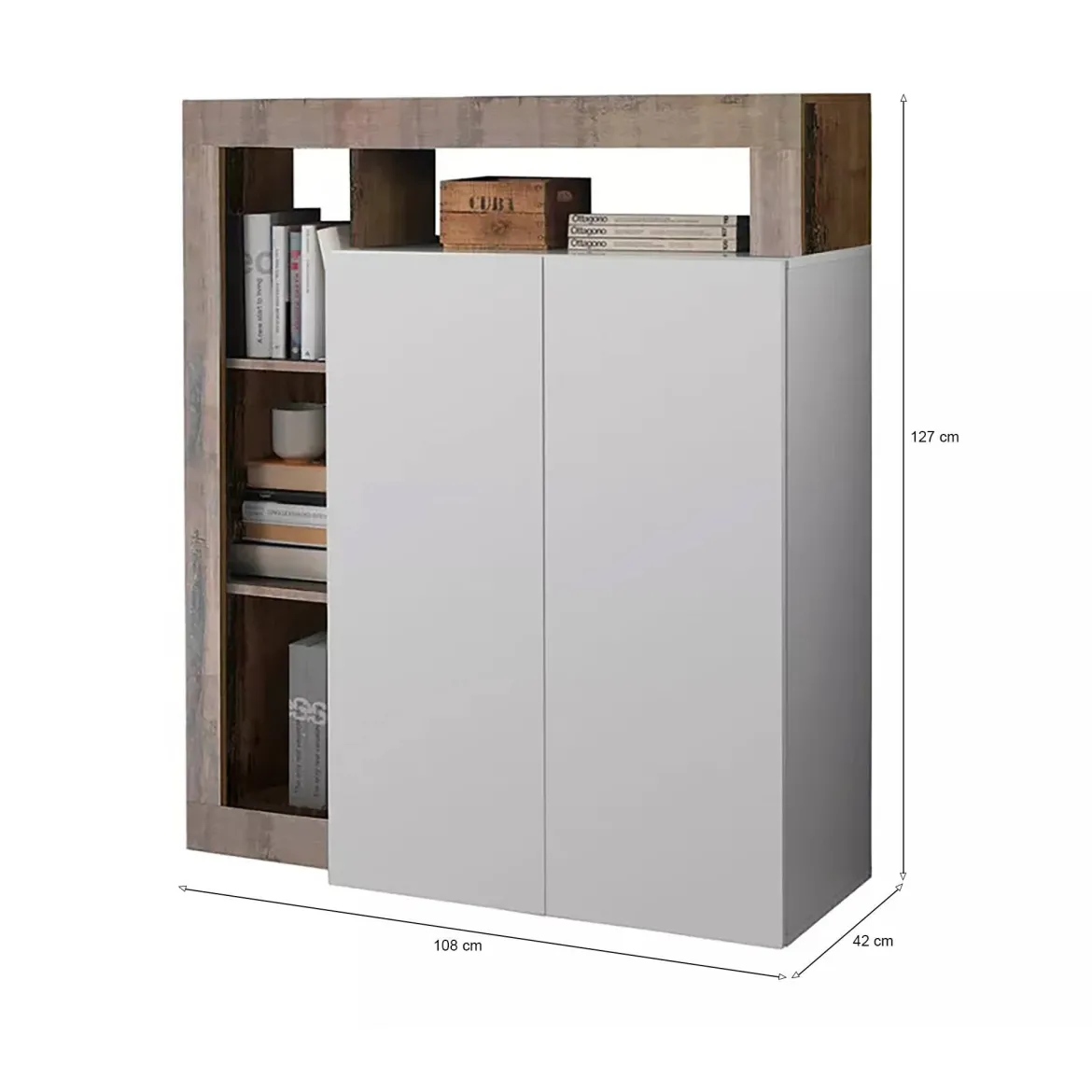 Credenza bianco lucida e acacia 108x42x127h cm 2 ante - Smeraldo