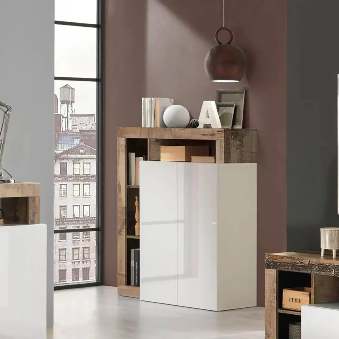 Credenza bianco lucida e acacia 108x42x127h cm 2 ante - Smeraldo