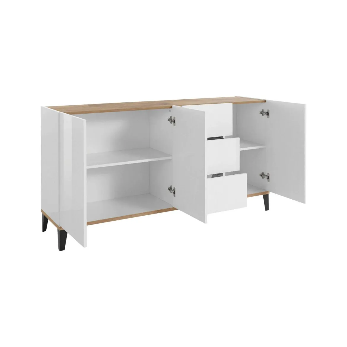 Credenza bianco lucida e acero 160x40x82h cm 3 ante e 3 cassetti - Abic