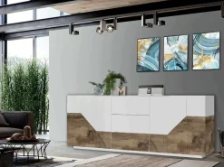 Credenza bianco lucida e acero 220x43x86h cm 4 ante e 3 cassetti - Almira