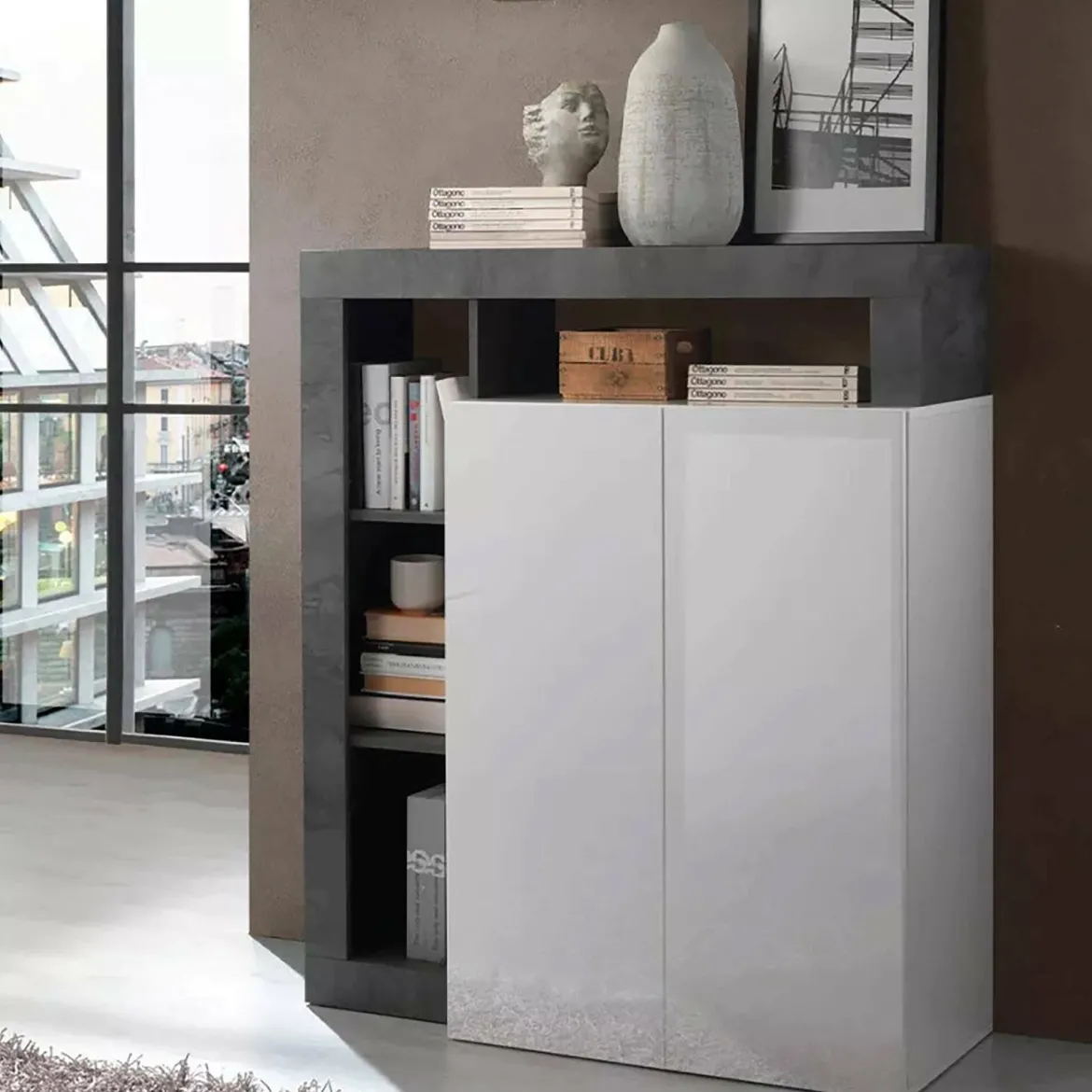 Credenza bianco lucida e ardesia 108x42x93h cm 2 ante - Atlantica