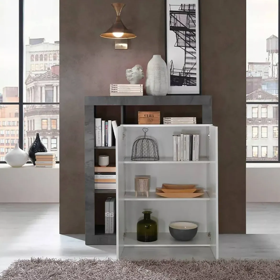 Credenza bianco lucida e ardesia 108x42x93h cm 2 ante - Atlantica