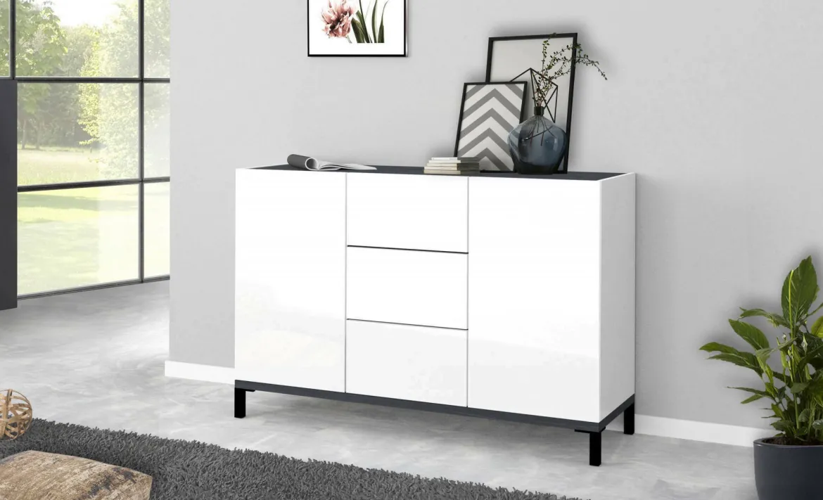 Credenza bianco lucida e ardesia 120x40x82h cm 3 ante e 1 cassetto - Albatross