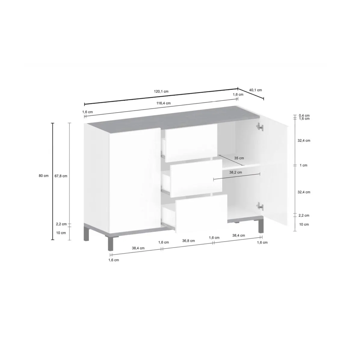 Credenza bianco lucida e ardesia 120x40x82h cm 3 ante e 1 cassetto - Albatross