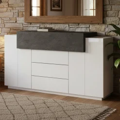 Credenza bianco lucida e ardesia 160x45x86h cm 3 ante e 3 cassetti - Arbon