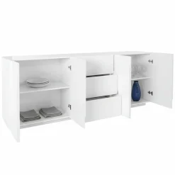 Credenza bianco lucida moderna 224x44x86h cm 4 ante e 3 cassetti - Zeus