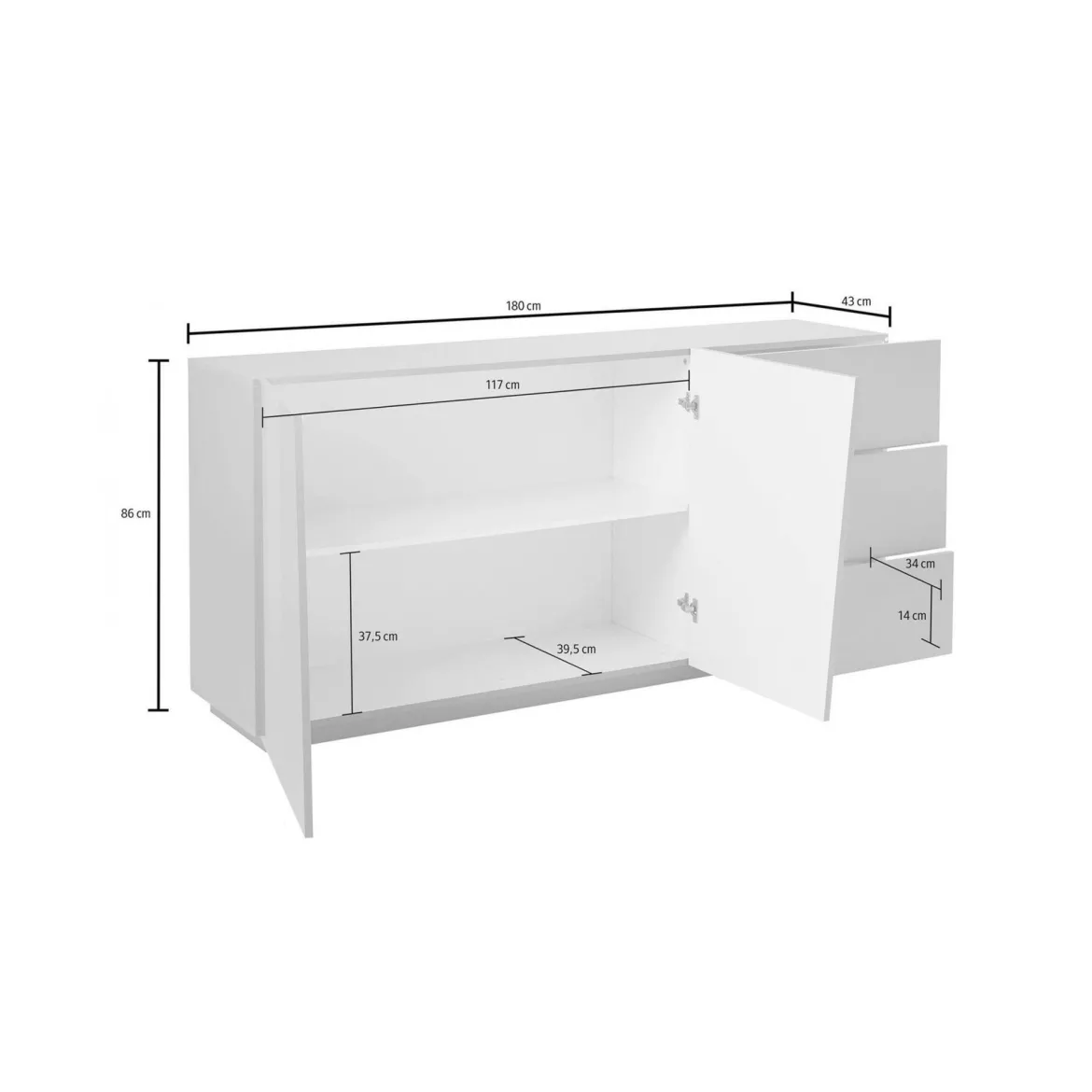 Credenza bianco lucida 181x43x84h cm 2 ante e 2 cassetti - Zerba