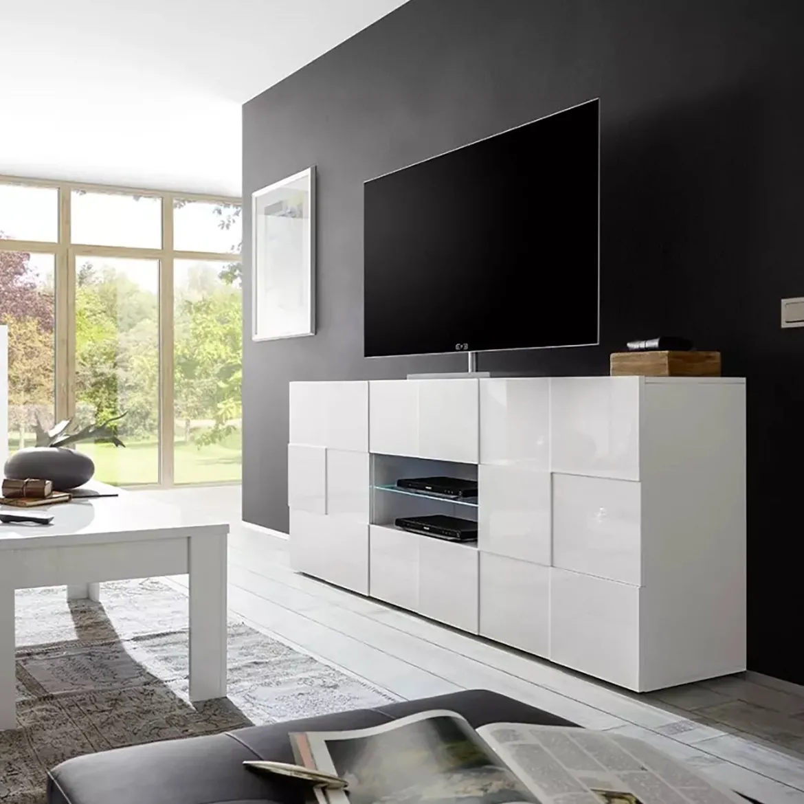 Credenza bianco lucida 181x43x84h cm 2 ante e 2 cassetti - Zerba
