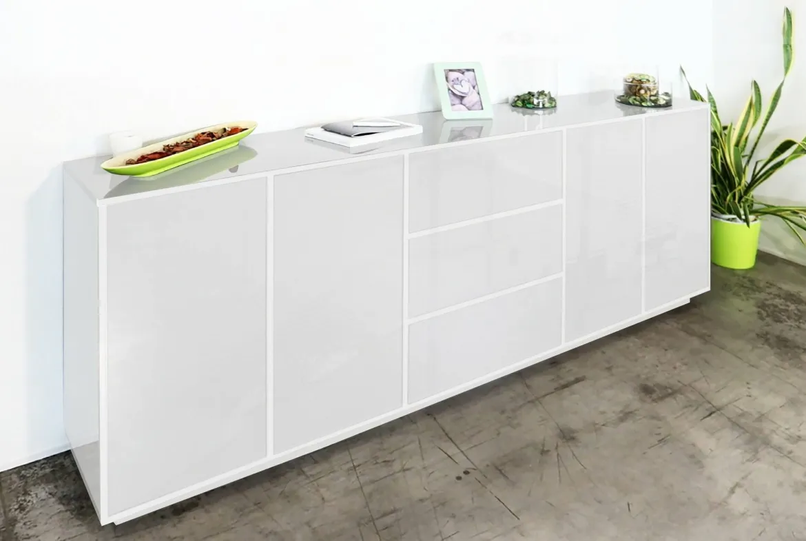 Credenza bianco lucida 220x41x86h cm 4 ante e 3 cassetti - Arrachis