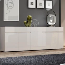 Credenza bianco lucida 225x38x79h cm 5 ante e 2 cassetti - Elenia