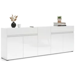 Credenza bianco lucida 225x38x79h cm 5 ante e 2 cassetti - Elenia