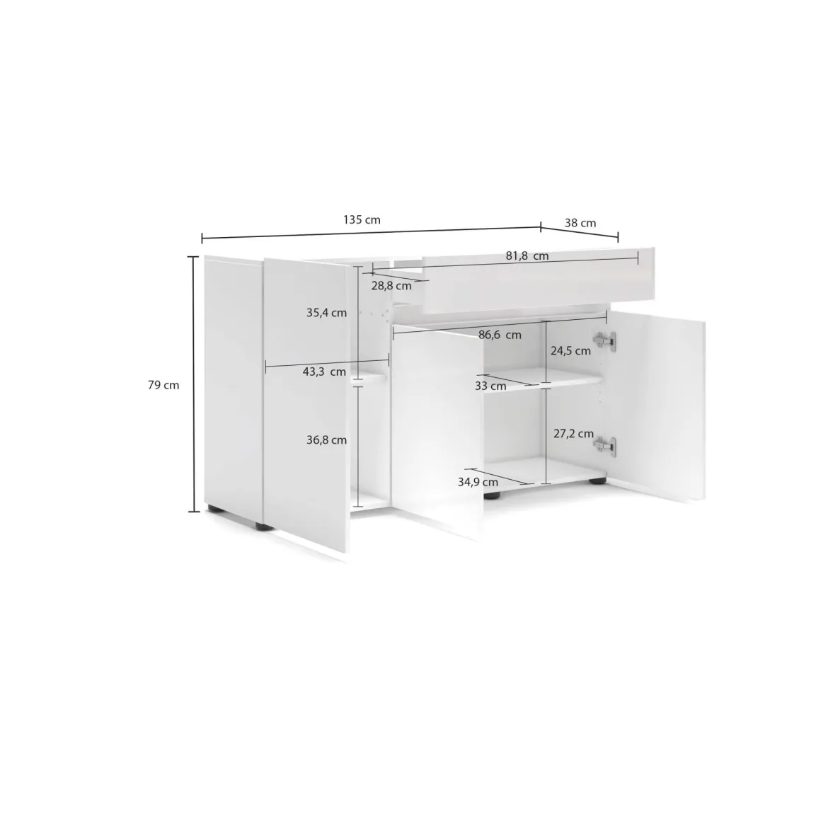 Credenza bianco lucida 135x38x79h cm 3 ante e 1 cassetto - Deodata