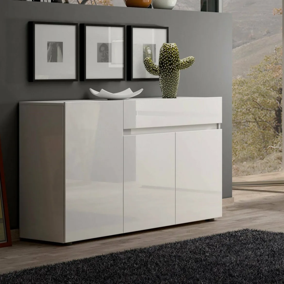 Credenza bianco lucida 135x38x79h cm 3 ante e 1 cassetto - Deodata