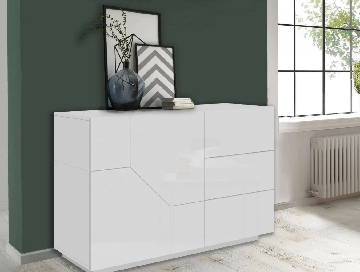Credenza bianco lucida 142x44x86h cm 2 ante e 3 cassetti - Aydee