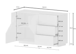 Credenza bianco lucida 142x44x86h cm 2 ante e 3 cassetti - Aydee