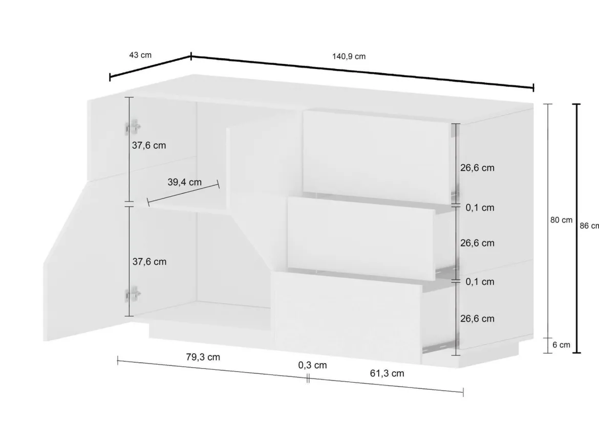 Credenza bianco lucida 142x44x86h cm 2 ante e 3 cassetti - Aydee
