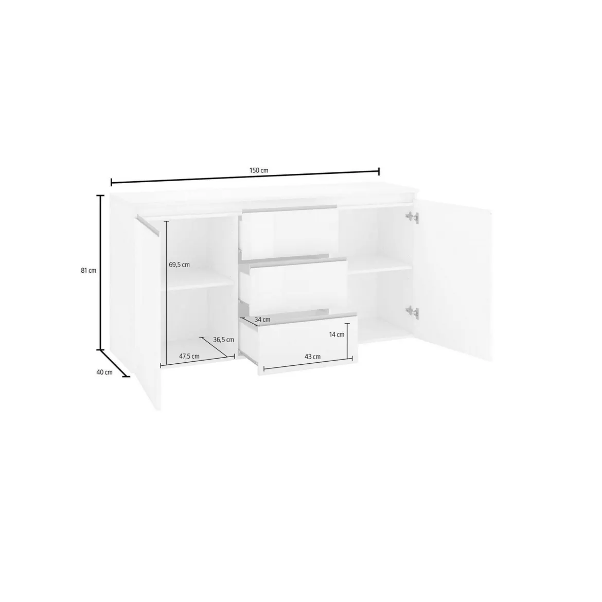 Credenza bianco lucida 150x40x81h cm 3 ante - Andesina