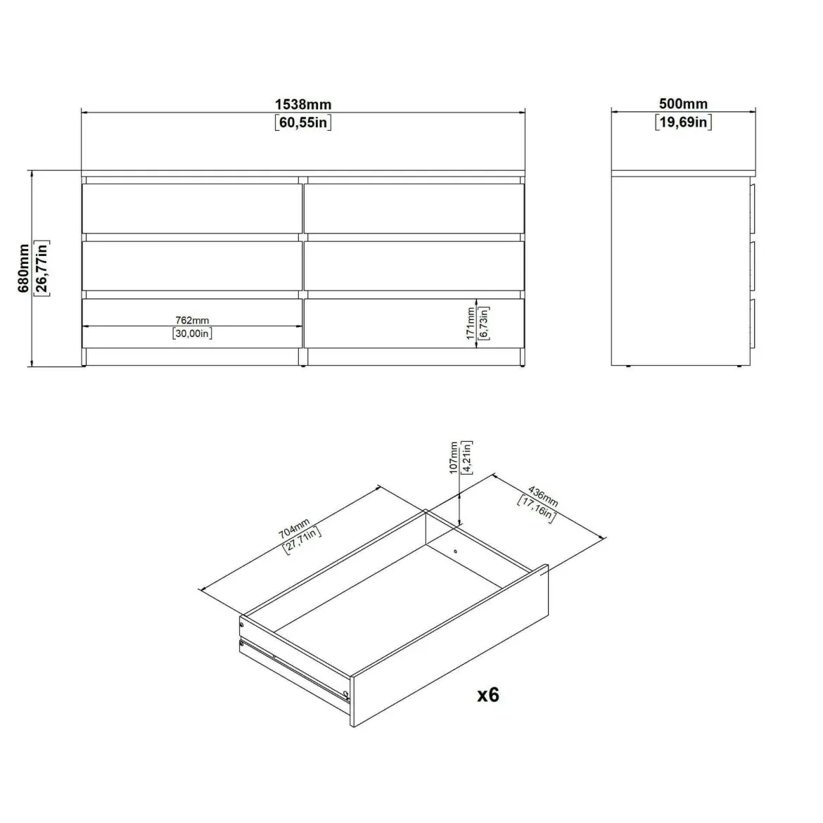 Credenza bianco lucida 153x50x70h cm 6 cassetti - Abacadabra